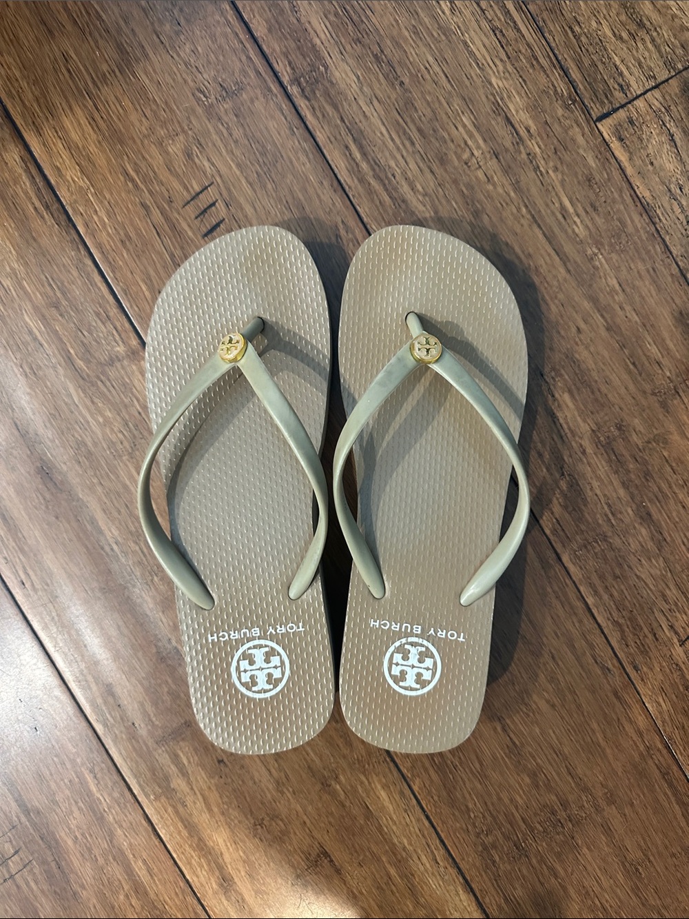 Tory Burch Beige Tan Logo Flip Flop Sandals